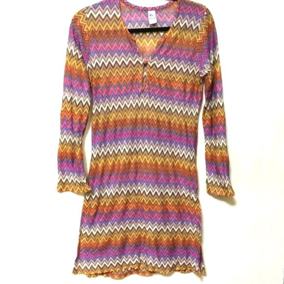 3/$30 VINTAGE COLORFUL ZIG ZAG STRIPE DRESS COVERUP TUNIC GEOMETRIC PATTERN - Picture 1 of 10
